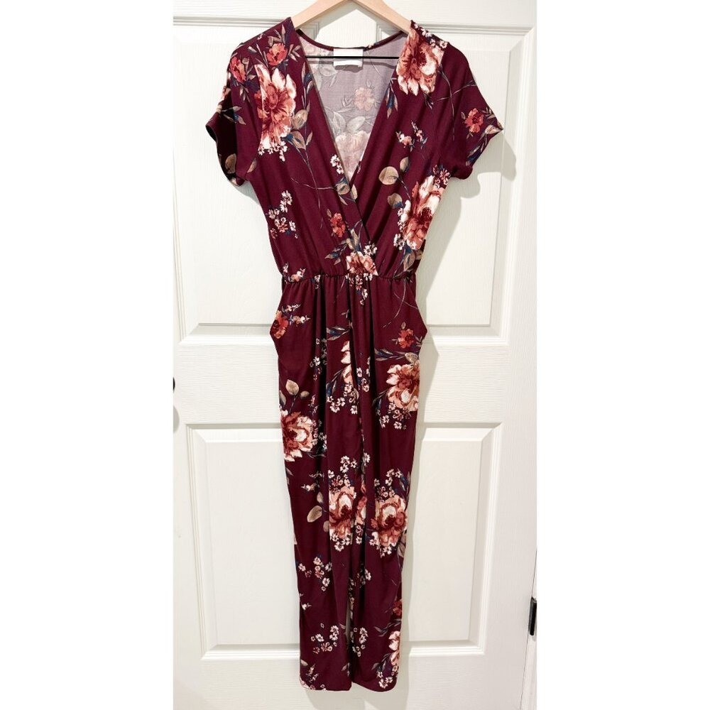 French Grey Jumpsuit Short Sleeve Pockets Floral Maroon V-Neck Garden Party M